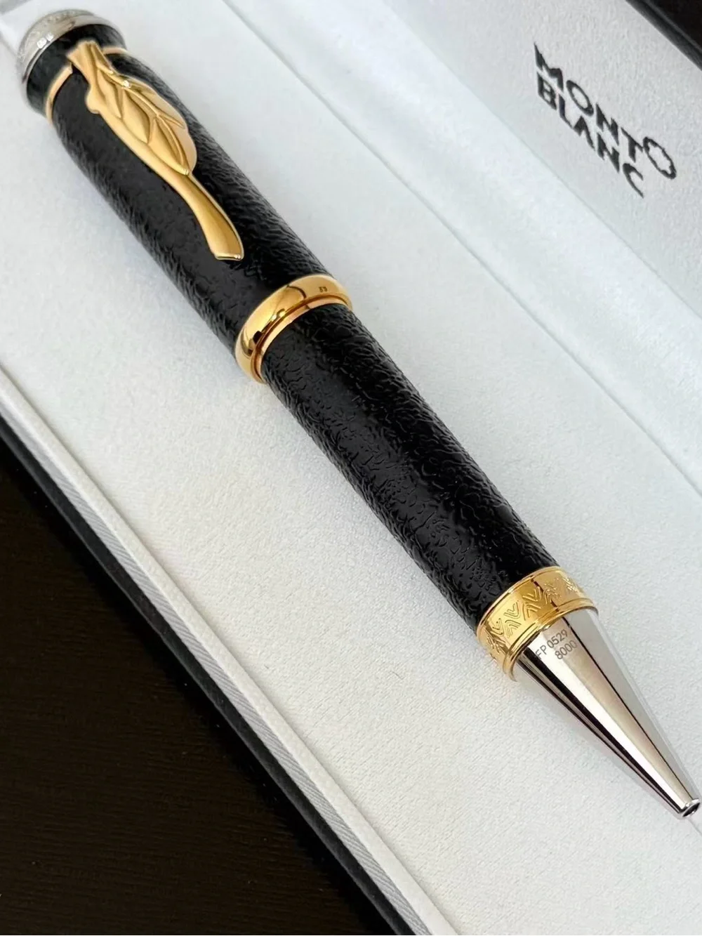Montblanc Black and Gold Textured Ballpoint Pen with Leaf Clip